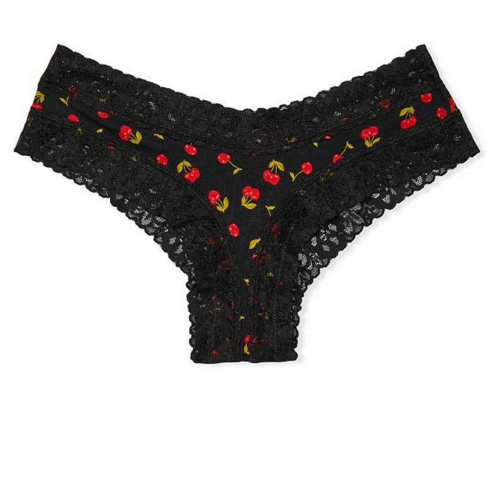 Victoria's Secret Black Lace and Cotton Cheeky Panty with Red Cherry Print